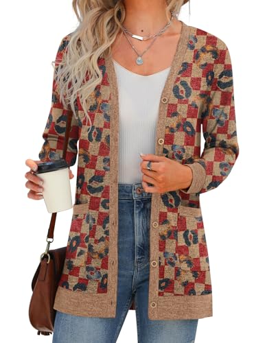 GRECERELLE Damen Strickjacke Elegant Lang mit Taschen und Knöpfen Long Leichte Cardigan V-Ausschnitt Knopfleiste mit Taschen für Damen (Rote Scheibenlippen, L) von GRECERELLE