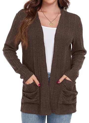 GRECERELLE Strickjacke Damen Lang Elegant Cardigan Warme Lässig Leichtes Frauen Herbst Langarm Pullover Mit Taschen Gestrickt Strickjacken (Braun,L) von GRECERELLE