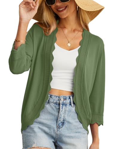 GRECERELLE Damen Strickjacke Sommer Leichte Kurz Elegant Langarm Strickpullover Jäckchen Damen Sommer mit V-Ausschnitt Vintage Klassisch Cardigan Bolero für Kleid (Armeegrün, XL) von GRECERELLE