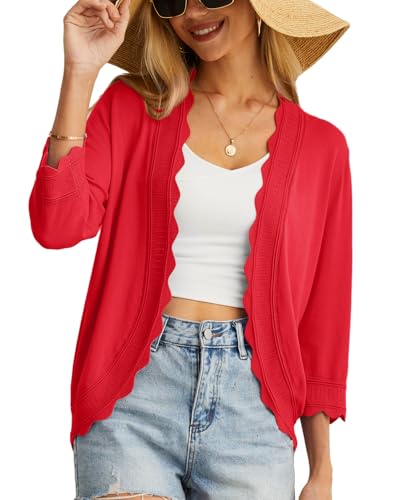 GRECERELLE Damen Strickjacke Sommer Leichte Kurz Elegant Langarm Strickpullover Jäckchen Damen Sommer mit V-Ausschnitt Vintage Klassisch Cardigan Bolero für Kleid (Rot, M) von GRECERELLE