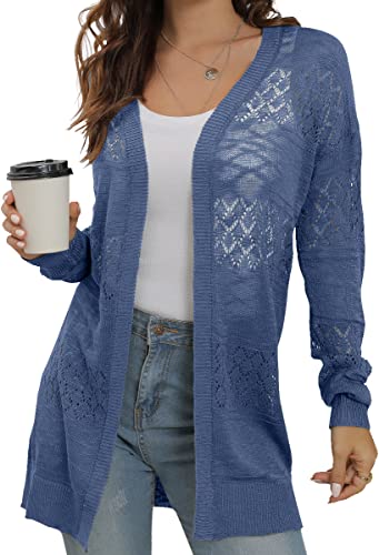 GRECERELLE Damen Strickjacke Sommer Leichte Lang Elegant Cardigan Dünne Strickjacken Casual Cover Up Open Front Boho Strickmantel (Blau Grau, L) von GRECERELLE