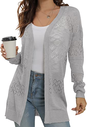 GRECERELLE Damen Strickjacke Sommer Leichte Lang Elegant Cardigan Dünne Strickjacken Casual Cover Up Open Front Boho Strickmantel (Grau, XXL) von GRECERELLE