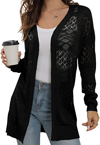 GRECERELLE Damen Strickjacke Sommer Leichte Lang Elegant Cardigan Dünne Strickjacken Casual Cover Up Open Front Boho Strickmantel (L01 Black, L) von GRECERELLE