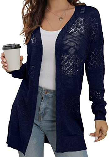 GRECERELLE Damen Strickjacke Sommer Leichte Lang Elegant Cardigan Dünne Strickjacken Casual Cover Up Open Front Boho Strickmantel (Marine Blau, M) von GRECERELLE