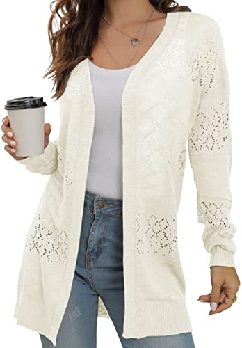 GRECERELLE Damen Strickjacke Sommer Leichte Lang Elegant Cardigan Dünne Strickjacken Casual Cover Up Open Front Boho Strickmantel (Weiß White, L) von GRECERELLE