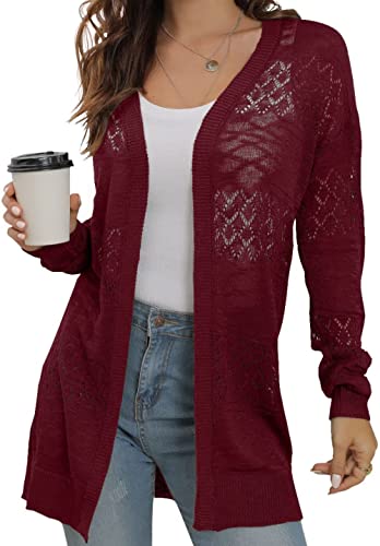 GRECERELLE Damen Strickjacke Sommer Leichte Lang Elegant Cardigan Dünne Strickjacken Casual Cover Up Open Front Boho Strickmantel (L05 Weinrot Burgundy, M) von GRECERELLE