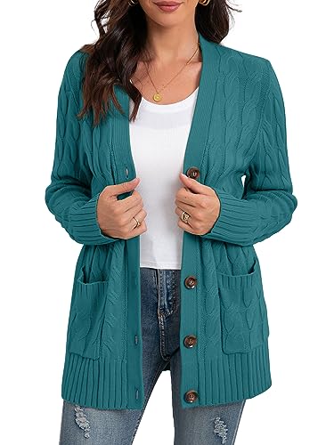 GRECERELLE Damen Strickjacke Strick Cardigan Lange Elegant Strickjacken mit Taschen mit Knöpfen Strickwaren Übergroße Pullover Strickmantel für Herbst Winter Frühling (Blau Grün, L) von GRECERELLE