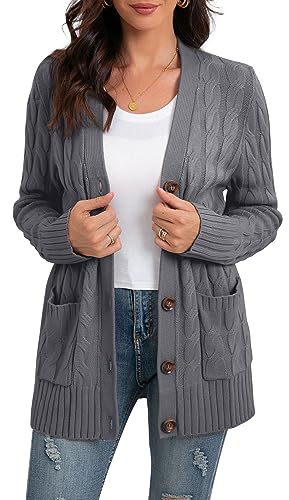 GRECERELLE Damen Strickjacke Strick Cardigan Lange Elegant Strickjacken mit Taschen mit Knöpfen Strickwaren Übergroße Pullover Strickmantel für Herbst Winter Frühling (Dunkelgrau, M) von GRECERELLE
