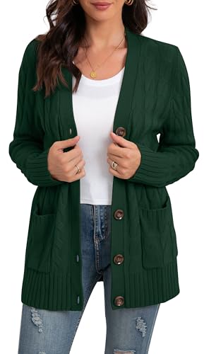 GRECERELLE Damen Strickjacke Strick Cardigan Lange Elegant Strickjacken mit Taschen mit Knöpfen Strickwaren Übergroße Pullover Strickmantel für Herbst Winter Frühling (Dunkelgrün, S) von GRECERELLE