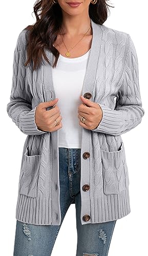 GRECERELLE Damen Strickjacke Strick Cardigan Lange Elegant Strickjacken mit Taschen mit Knöpfen Strickwaren Übergroße Pullover Strickmantel für Herbst Winter Frühling (Grau, XL) von GRECERELLE