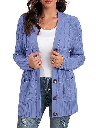 GRECERELLE Damen Strickjacke Strick Cardigan Lange Elegant Strickjacken mit Taschen mit Knöpfen Strickwaren Übergroße Pullover Strickmantel für Herbst Winter Frühling (Hellblau, XL) von GRECERELLE