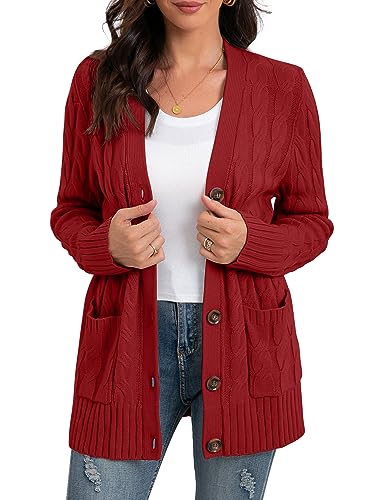 GRECERELLE Damen Strickjacke Strick Cardigan Lange Elegant Strickjacken mit Taschen mit Knöpfen Strickwaren Übergroße Pullover Strickmantel für Herbst Winter Frühling (Ziegelrot, L) von GRECERELLE