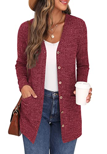 GRECERELLE Damen Strickmantel Lang Leichte Elegant Cardigan Damen Lang Cardigan Herren Lang Damen Strickjacke mit V-Ausschnitt, Knöpfen Und Taschen (Rot, M) von GRECERELLE