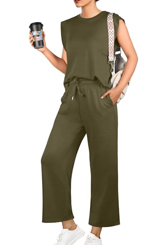 GRECERELLE Damen Trainingsanzug Sommer Zweiteiler Elegant Leichte Tracksuit Lässige Sport Set Jogginganzug Sweatshirt & Jogginghose für Running Yoga Gym (Armeegrün, L) von GRECERELLE