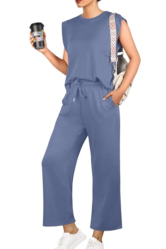 GRECERELLE Damen Trainingsanzug Sommer Zweiteiler Elegant Leichte Tracksuit Lässige Sport Set Jogginganzug Sweatshirt & Jogginghose für Running Yoga Gym (Denim Blau, L) von GRECERELLE