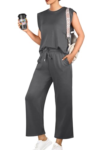 GRECERELLE Damen Trainingsanzug Sommer Zweiteiler Elegant Leichte Tracksuit Lässige Sport Set Jogginganzug Sweatshirt & Jogginghose für Running Yoga Gym (Dunkelgrau, XL) von GRECERELLE