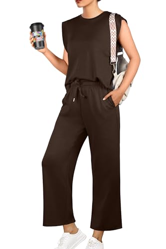 GRECERELLE Damen Trainingsanzug Sommer Zweiteiler Elegant Leichte Tracksuit Lässige Sport Set Jogginganzug Sweatshirt & Jogginghose für Running Yoga Gym (Dunkler Kaffee, XL) von GRECERELLE