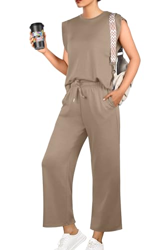GRECERELLE Damen Trainingsanzug Sommer Zweiteiler Elegant Leichte Tracksuit Lässige Sport Set Jogginganzug Sweatshirt & Jogginghose für Running Yoga Gym (Khaki, L) von GRECERELLE