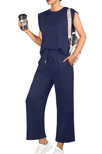GRECERELLE Damen Trainingsanzug Sommer Zweiteiler Elegant Leichte Tracksuit Lässige Sport Set Jogginganzug Sweatshirt & Jogginghose für Running Yoga Gym (Marine Blau, M) von GRECERELLE