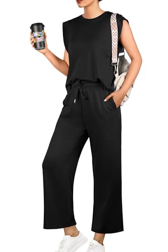 GRECERELLE Damen Trainingsanzug Sommer Zweiteiler Elegant Leichte Tracksuit Lässige Sport Set Jogginganzug Sweatshirt & Jogginghose für Running Yoga Gym (Schwarz, M) von GRECERELLE