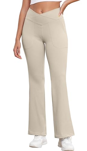 GRECERELLE Damen Weite Hose Yogahose Crossover Hohe Taille Jogginghose Stoffhose mit Taschen Elegant Straighthose Bauchkontrolle Schlaghose Sporthose für Gym Sport (Khaki, M) von GRECERELLE