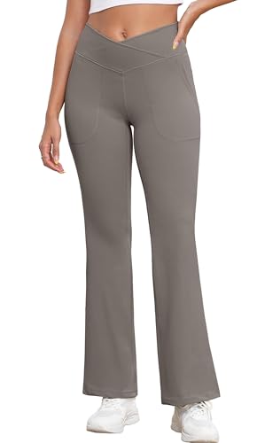 GRECERELLE Damen Weite Hose Yogahose Crossover Hohe Taille Jogginghose Stoffhose mit Taschen Elegant Straighthose Bauchkontrolle Schlaghose Sporthose für Gym Sport (Mondlichtgrau, M) von GRECERELLE