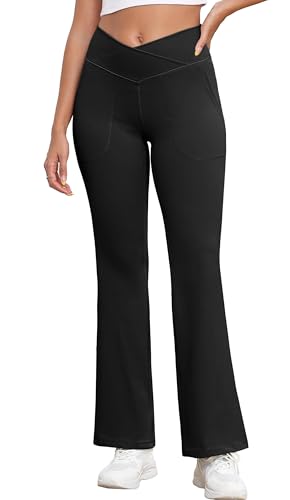 GRECERELLE Damen Weite Hose Yogahose Crossover Hohe Taille Jogginghose Stoffhose mit Taschen Elegant Straighthose Bauchkontrolle Schlaghose Sporthose für Gym Sport (Schwarz, XL) von GRECERELLE