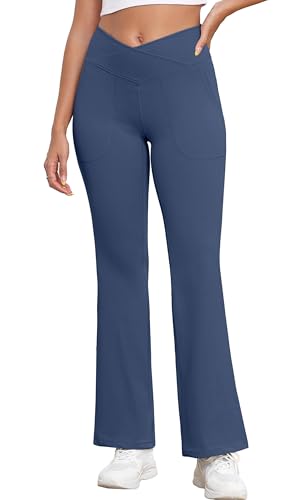 GRECERELLE Damen Weite Hose Yogahose Crossover Hohe Taille Jogginghose Stoffhose mit Taschen Elegant Straighthose Bauchkontrolle Schlaghose Sporthose für Gym Sport (Wal Blau, M) von GRECERELLE