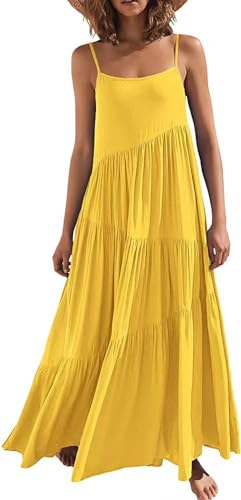 GRECERELLE Elegantes Damen-Sommer-Tiered-Maxi-Kleid - Leicht, fließend und perfekt für Strandurlaube (Gelb, XXL) von GRECERELLE