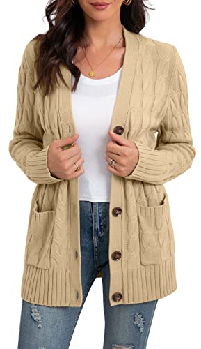 GRECERELLE Graue Strickjacke Damen Strickjacke Damen lang Lange Ärmel Cardigan Mit Taschen und Knöpfen (Beige, S) von GRECERELLE