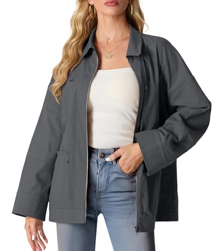 GRECERELLE Hemdjacke Damen Herbst Elegant Jacket Lässig Jacken für Damen mit Revers und Taschen (Dunkelgrau, L) von GRECERELLE