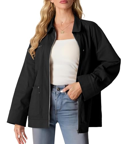 GRECERELLE Hemdjacke Damen Herbst Elegant Jacket Lässig Jacken für Damen mit Revers und Taschen (Schwarz, M) von GRECERELLE