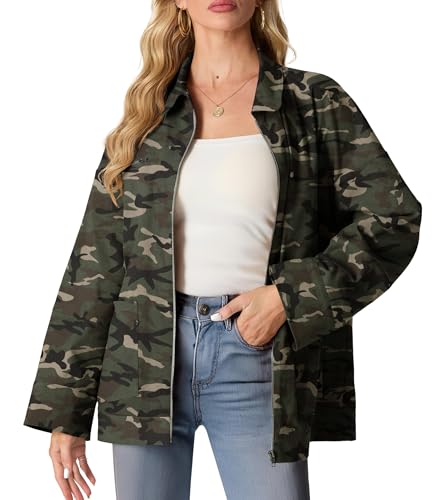 GRECERELLE Hemdjacke Damen Herbst Elegant Jacket Lässig Jacken für Damen mit Revers und Taschen (Tarngrün, L) von GRECERELLE