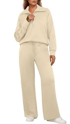 GRECERELLE Jogginganzug Damen Trainingsanzug Zweiteiler Outfits Tracksuit Langarm Lässige V Neck Halb Zip Tops und Jogginghosen Trainingsanzüge mit Taschen (Aprikose, M) von GRECERELLE