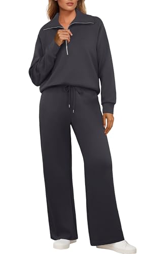 GRECERELLE Jogginganzug Damen Trainingsanzug Zweiteiler Outfits Tracksuit Langarm Lässige V Neck Halb Zip Tops und Jogginghosen Trainingsanzüge mit Taschen (Dunkelgrau, L) von GRECERELLE
