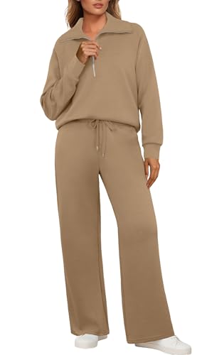 GRECERELLE Jogginganzug Damen Trainingsanzug Zweiteiler Outfits Tracksuit Langarm Lässige V Neck Halb Zip Tops und Jogginghosen Trainingsanzüge mit Taschen (Dunkelhaki, M) von GRECERELLE