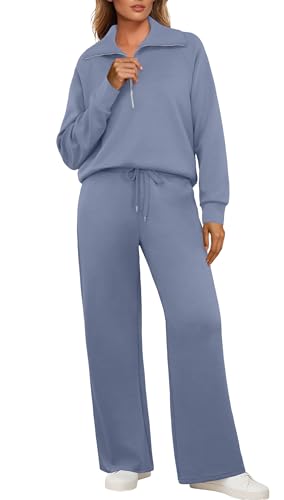 GRECERELLE Jogginganzug Damen Trainingsanzug Zweiteiler Outfits Tracksuit Langarm Lässige V Neck Halb Zip Tops und Jogginghosen Trainingsanzüge mit Taschen (Haze Blue, L) von GRECERELLE