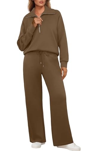 GRECERELLE Jogginganzug Damen Trainingsanzug Zweiteiler Outfits Tracksuit Langarm Lässige V Neck Halb Zip Tops und Jogginghosen Trainingsanzüge mit Taschen (Kaffee, L) von GRECERELLE