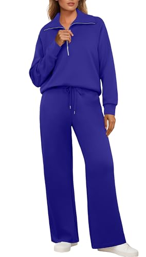 GRECERELLE Jogginganzug Damen Trainingsanzug Zweiteiler Outfits Tracksuit Langarm Lässige V Neck Halb Zip Tops und Jogginghosen Trainingsanzüge mit Taschen (Königsblau, L) von GRECERELLE