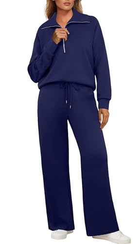 GRECERELLE Jogginganzug Damen Trainingsanzug Zweiteiler Outfits Tracksuit Langarm Lässige V Neck Halb Zip Tops und Jogginghosen Trainingsanzüge mit Taschen (Marineblau, L) von GRECERELLE