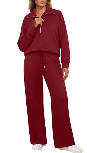 GRECERELLE Jogginganzug Damen Trainingsanzug Zweiteiler Outfits Tracksuit Langarm Lässige V Neck Halb Zip Tops und Jogginghosen Trainingsanzüge mit Taschen (Rotwein, L) von GRECERELLE