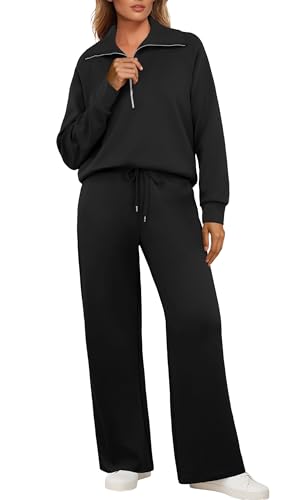 GRECERELLE Jogginganzug Damen Trainingsanzug Zweiteiler Outfits Tracksuit Langarm Lässige V Neck Halb Zip Tops und Jogginghosen Trainingsanzüge mit Taschen (Schwarz, S) von GRECERELLE