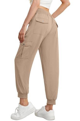 GRECERELLE Jogginghose Damen Cargohose Sommer Sporthose Freizeithose Trainingshose Für Damen mit Elastischer Taille Bündchen Knöchel und 6 Taschen (Khaki, XXL) von GRECERELLE