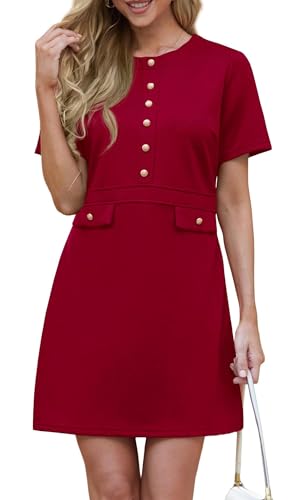 GRECERELLE Kleid Damen Elegant Etuikleider Business Kleid Kurzarm Rundhals Bodycon Retro Bleistiftkleid Cocktailkleid (Burgunderrot, XL) von GRECERELLE