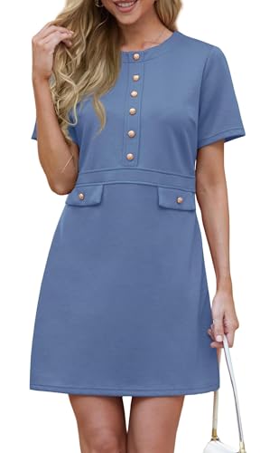 GRECERELLE Kleid Damen Elegant Etuikleider Business Kleid Kurzarm Rundhals Bodycon Retro Bleistiftkleid Cocktailkleid (Denim Blau, XL) von GRECERELLE