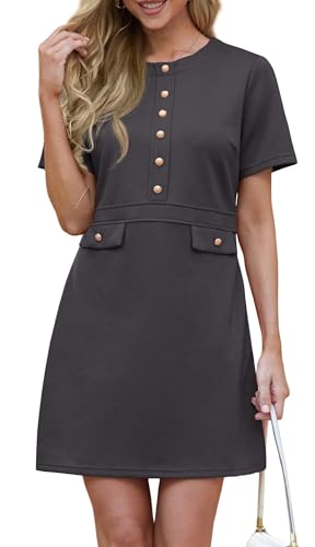 GRECERELLE Kleid Damen Elegant Etuikleider Business Kleid Kurzarm Rundhals Bodycon Retro Bleistiftkleid Cocktailkleid (Dunkelgrau, M) von GRECERELLE