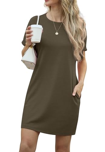 GRECERELLE Kleider Damen Sommer Kurzarm Strandkleid A-Linie Elegant Rundhals Sommerkleider mit Taschen Einfarbig Summer Dress Tshirt Kleid Leicht und Luftig Freizeitkleider (Armeegrün, M) von GRECERELLE