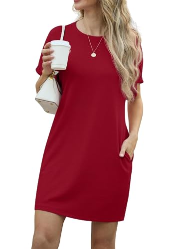 GRECERELLE Kleider Damen Sommer Kurzarm Strandkleid A-Linie Elegant Rundhals Sommerkleider mit Taschen Einfarbig Summer Dress Tshirt Kleid Leicht und Luftig Freizeitkleider (Burgunderrot, L) von GRECERELLE