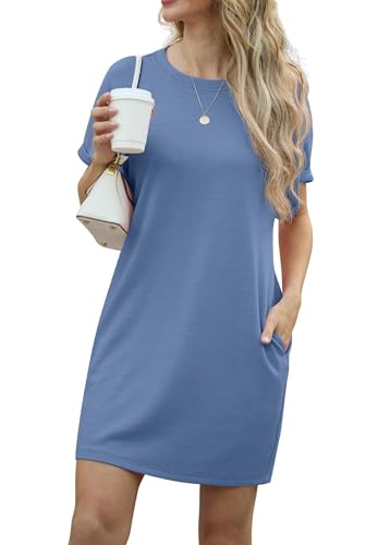 GRECERELLE Kleider Damen Sommer Kurzarm Strandkleid A-Linie Elegant Rundhals Sommerkleider mit Taschen Einfarbig Summer Dress Tshirt Kleid Leicht und Luftig Freizeitkleider (Denim-Blau, M) von GRECERELLE