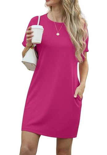 GRECERELLE Kleider Damen Sommer Kurzarm Strandkleid A-Linie Elegant Rundhals Sommerkleider mit Taschen Einfarbig Summer Dress Tshirt Kleid Leicht und Luftig Freizeitkleider (Heißes Rosa, L) von GRECERELLE